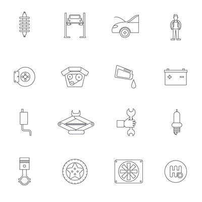 Auto service outline icon set with vehicle parts brakes and service isolated vector illustration