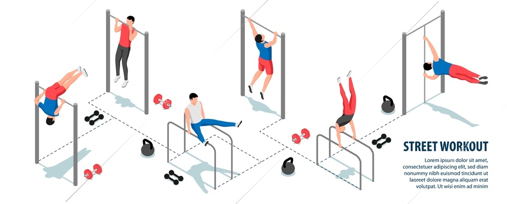 Street workout infographics with sports equipment and men doing exercises on bars 3d isometric vector illustration