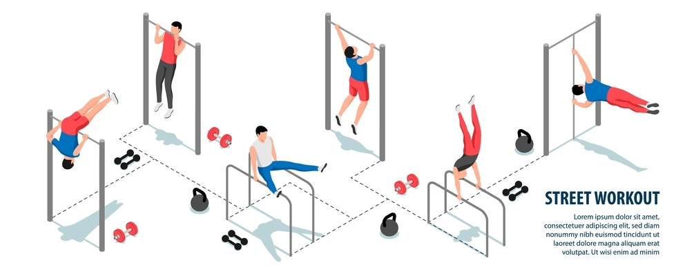 Street workout infographics with sports equipment and men doing exercises on bars 3d isometric vector illustration