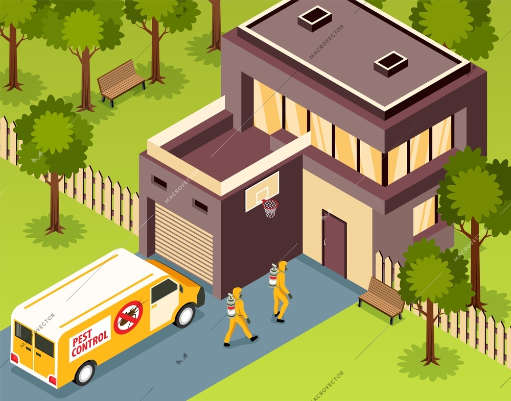 Pest control service van and two workers in protective suits coming to house 3d isometric vector illustration