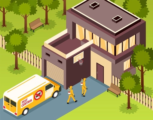 Pest control service van and two workers in protective suits coming to house 3d isometric vector illustration