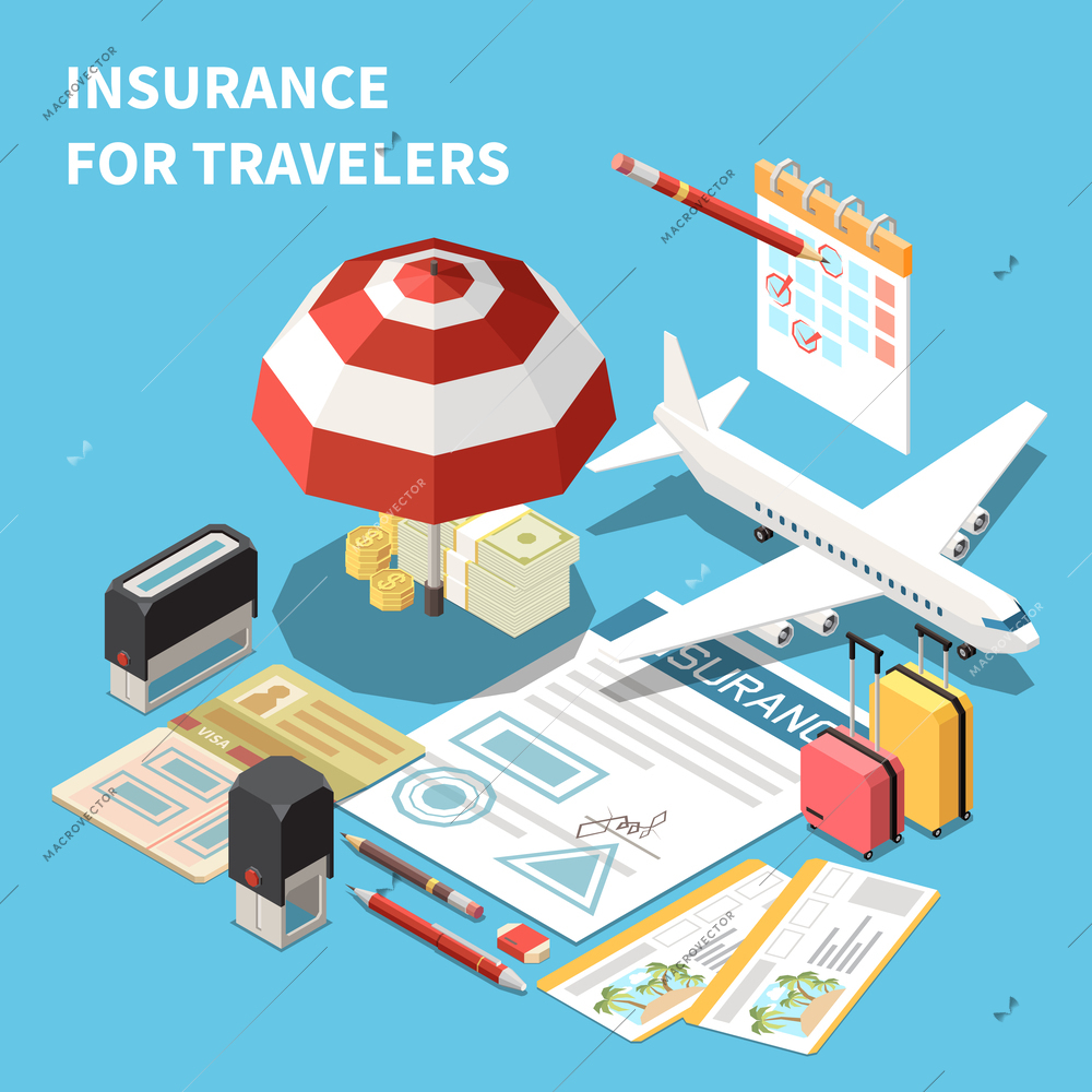 Embassy services and support isometric background including registration of insurance for travelers in hotel and transfer vector illustration
