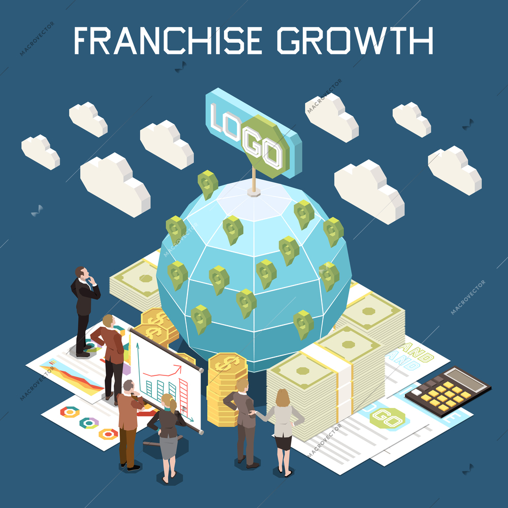 Franchise growth isometric background with locations on globe  finance profit and logo icons vector illustration