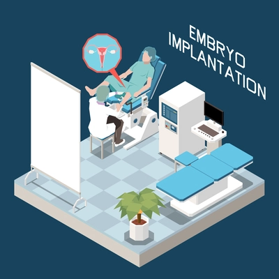 Embryo implantation process isometric background with doctor working with woman in gynecological chair vector illustration