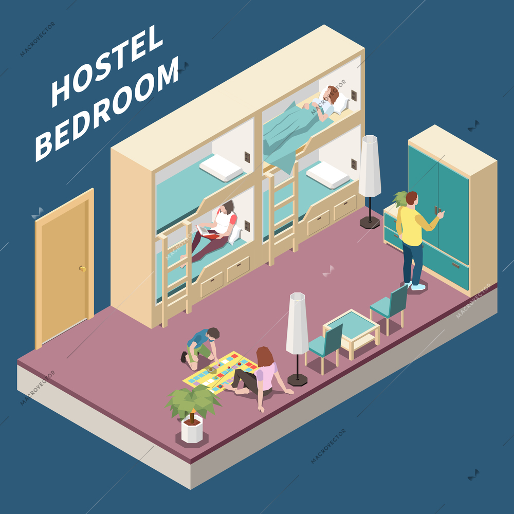 Hostel bedroom indoor interior with two level beds for sleep and rest in travel isometric vector illustration