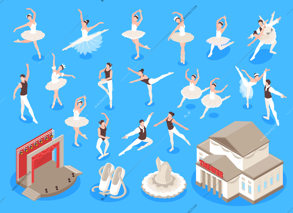 Isometric ballet icons set with theatre building and dancing costumes isolated vector illustration