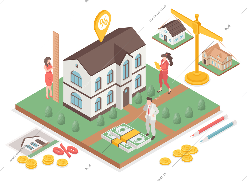 Real estate appraisal isometric composition with agents making price estimation vector illustration