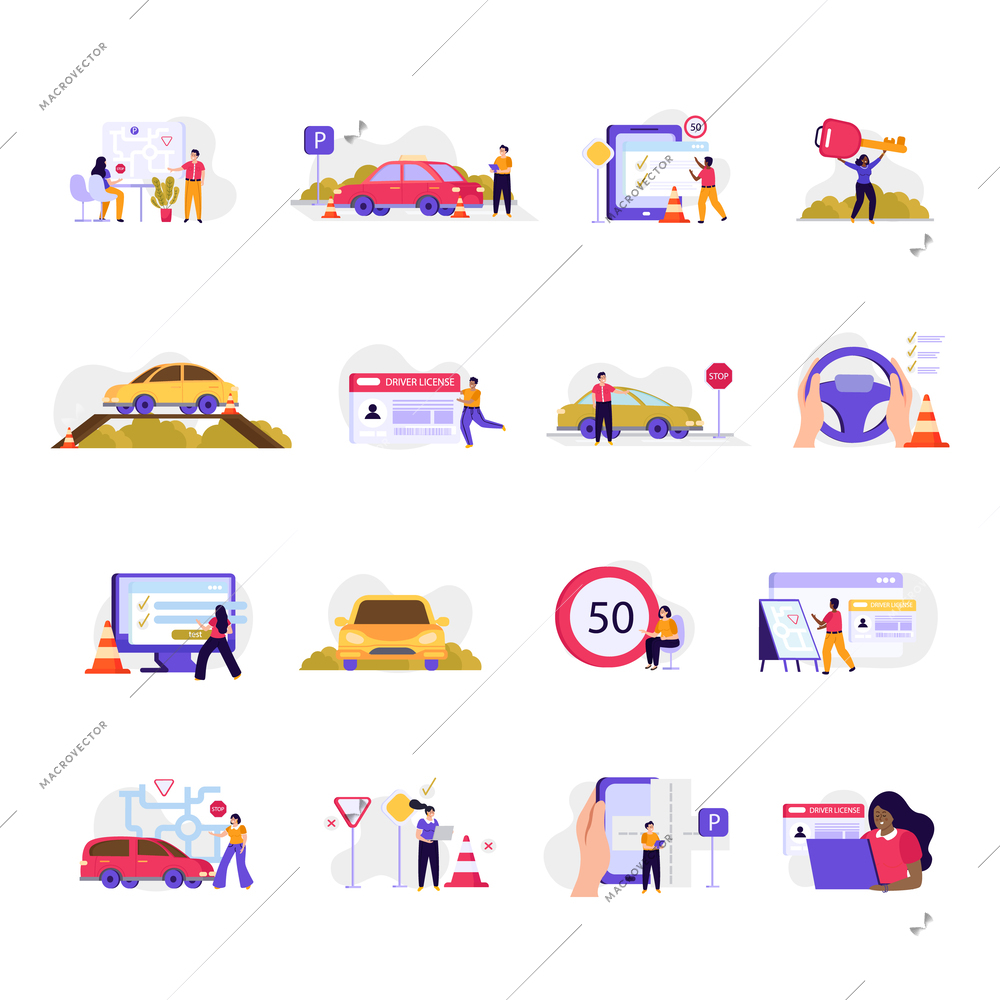 Driving school flat icon with signs car steering wheel in hand exams driving lessons vector illustration