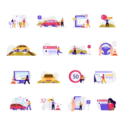 Driving school flat icon with signs car steering wheel in hand exams driving lessons vector illustration