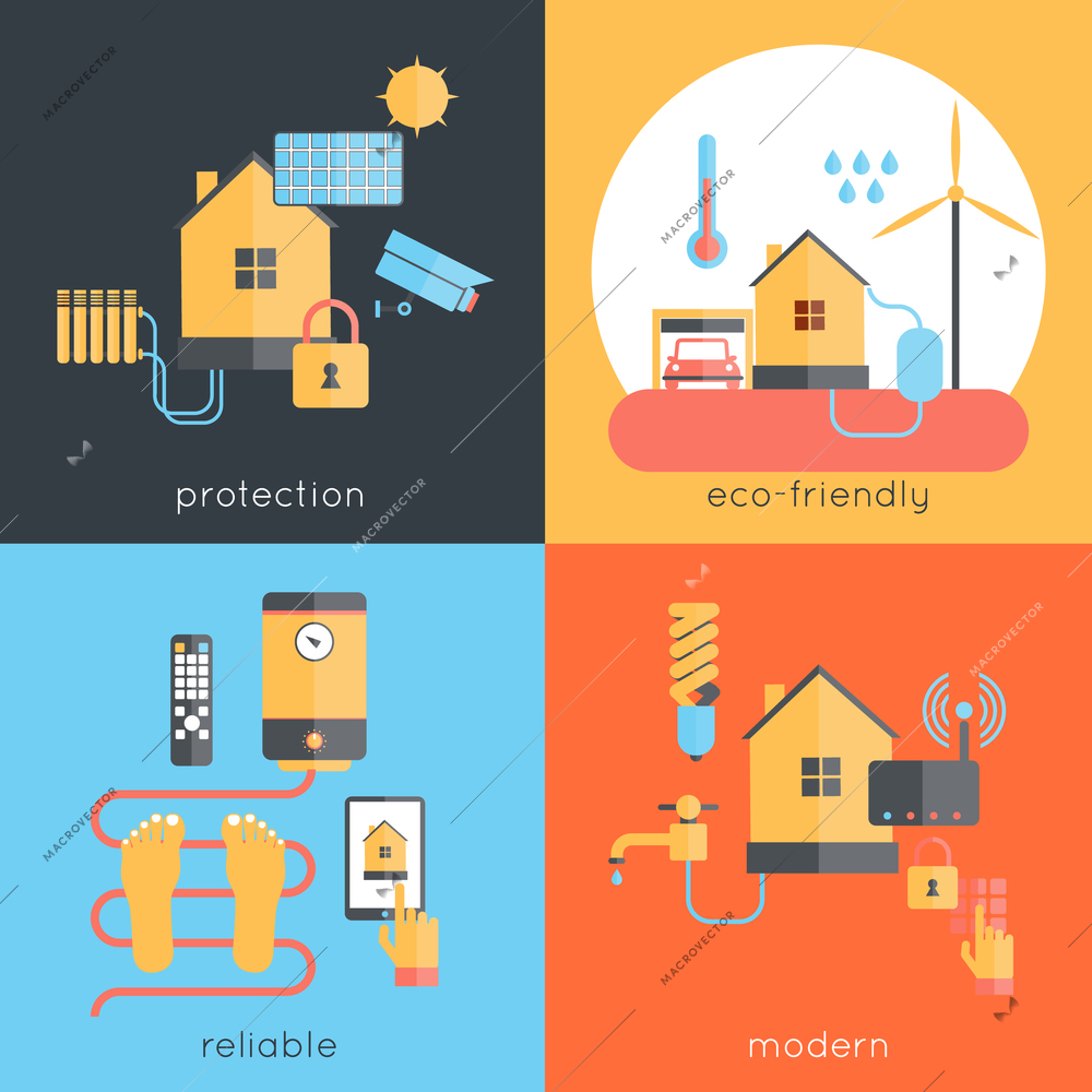 Smart home design concept set with protection eco-friendly reliable modern flat icons isolated vector illustration