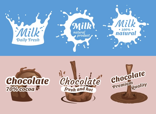 Pouring milk and hot chocolate splashes flat emblems set isolated vector illustration