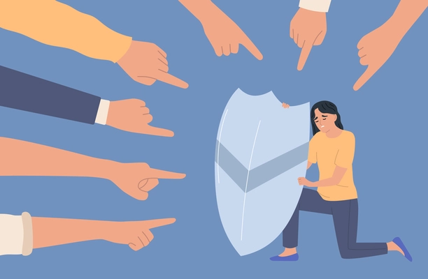 People fighting bulling concept with woman hiding behind the shield flat vector illustration