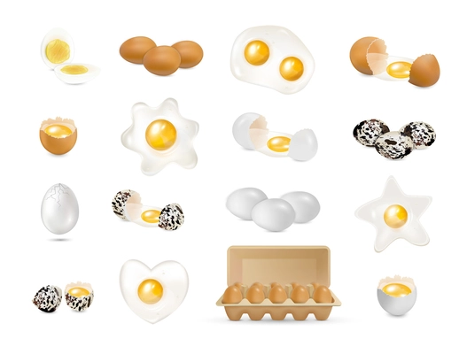 Big realistic set of isolated raw and cooked hen and quail eggs vector illustration