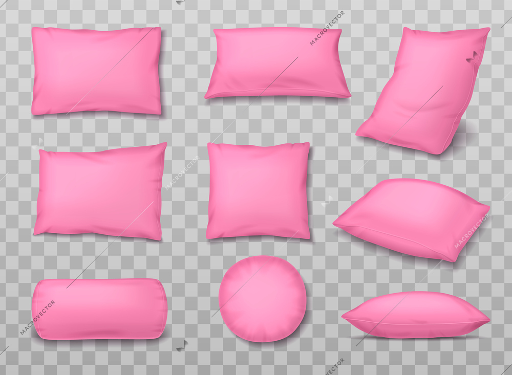 Pillows realistic set with isolated images of soft pink pillows of different shape on transparent background vector illustration