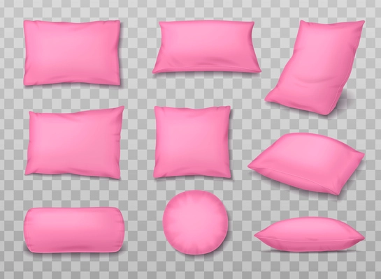 Pillows realistic set with isolated images of soft pink pillows of different shape on transparent background vector illustration