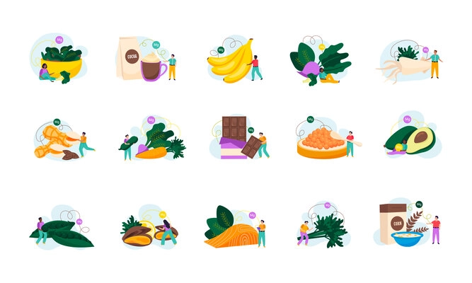 Magnesium foods flat icons set with healthy products and tiny people isolated on white background vector illustration