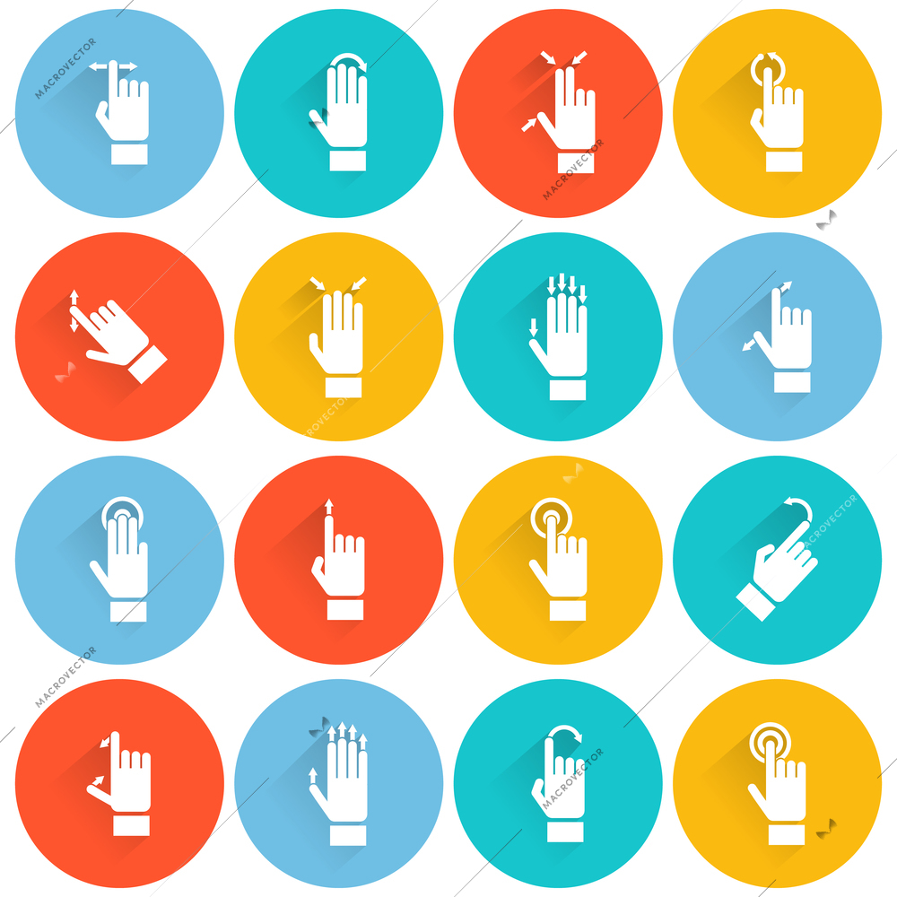 Hand touching screen wireless device flat white icon set isolated vector illustration