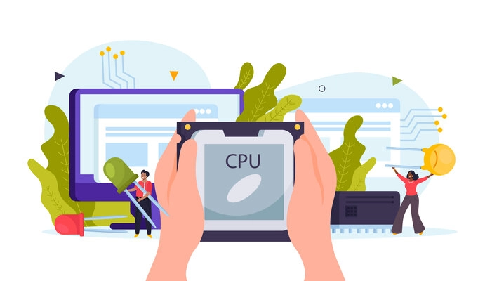 Microchip flat concept composition with human hands holding central processor unit on background with electronic components and people vector illustration