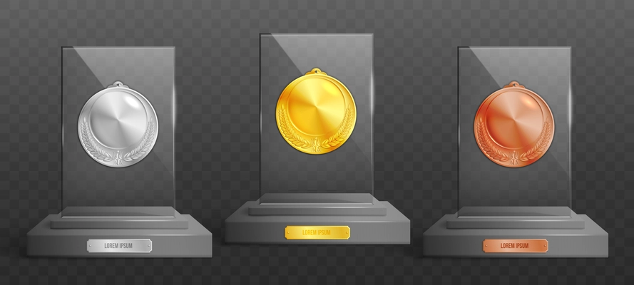 Realistic rectangular glass winner awards on pedestal with gold silver and bronze medals on transparent background isolated vector illustration
