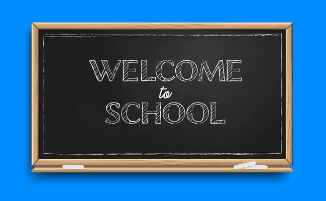 School chalkboard with hand drawn text welcome to school on blue wall realistic background vector illustration