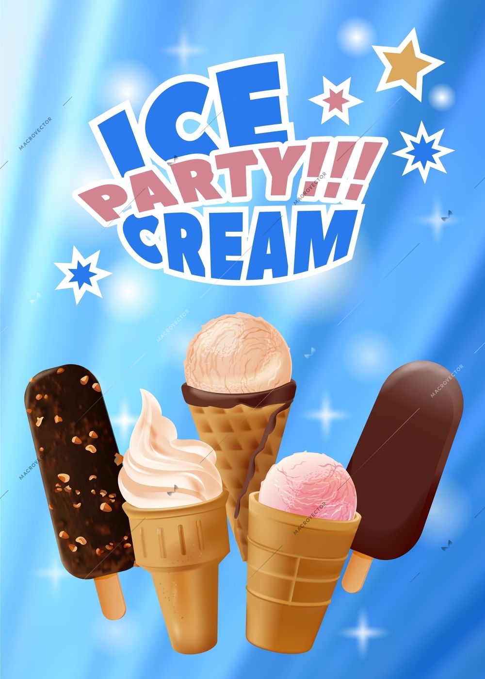 Ice cream realistic banner with editable text and images of confection with different shape and flavor vector illustration