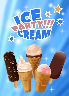 Ice cream realistic banner with editable text and images of confection with different shape and flavor vector illustration