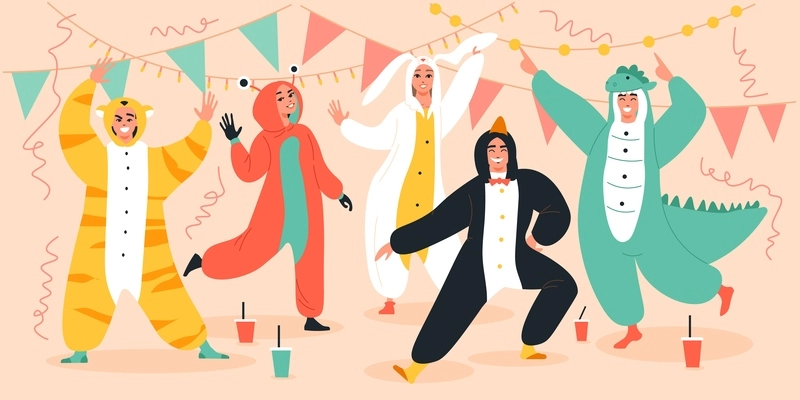 Kigurumi pyjama party composition five friends at the party with drinks and swag dancing in costumes vector illustration