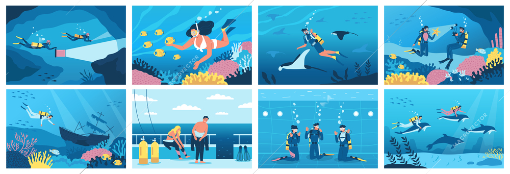 Diving and snorkeling flat poster set with sportsmen swimming undersea isolated vector illustration