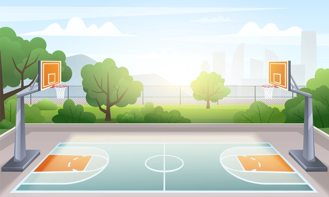 Empty outdoor urban basketball court on background with green trees and silhouettes of skyscrapers cartoon vector illustration