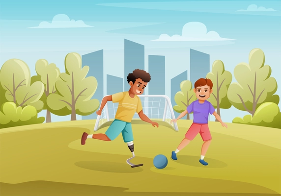 Happy disabled boy with prosthetic leg playing football with friend outdoors cartoon vector illustration