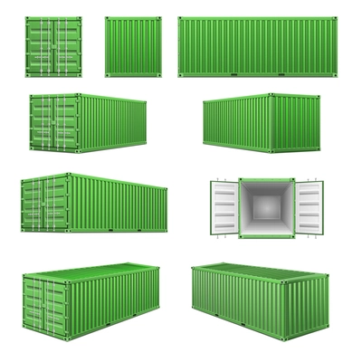 Realistic green cargo container set with views from different sides against white background isolated vector illustration