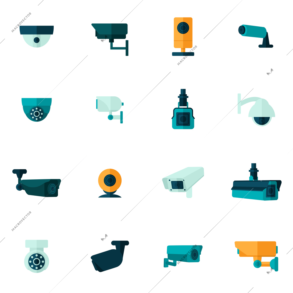 Security camera electronic video monitoring icon flat set isolated vector illustration