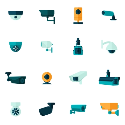 Security camera electronic video monitoring icon flat set isolated vector illustration