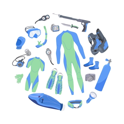 Diving equipment round composition with isolated icons of wet suit parts masks air container and weapons vector illustration