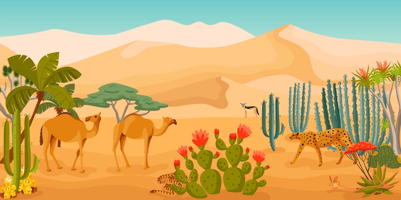 Desert horizontal poster with camels leopards cartoon characters at sandy dunes and cacti landscape vector illustration