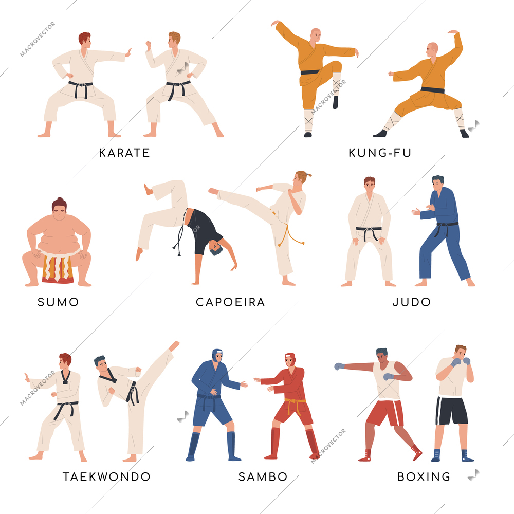 Fighters flat icons set with karate taekwondo and other martial arts sportsmen isolated vector illustration