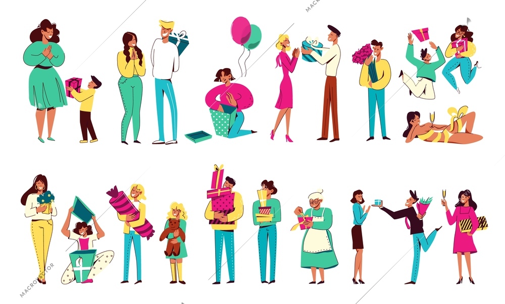 Give gifts set with flat isolated icons doodle characters of people holding various gifts and prizes vector illustration