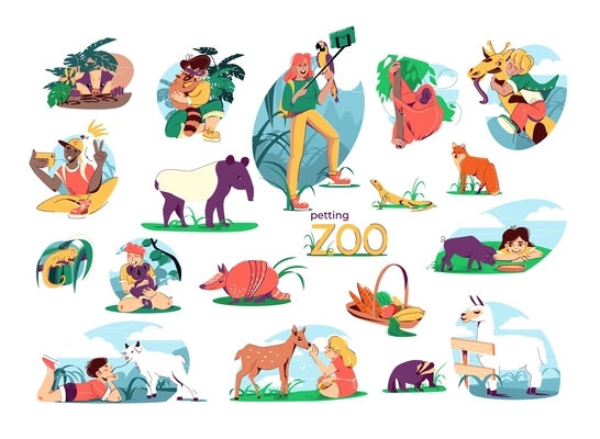 Petting zoo flat set of isolated compositions with exotic animals in direct contact with human characters vector illustration