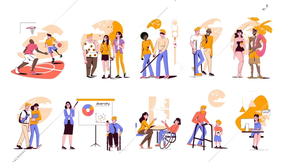 Diversity inclusion flat set with isolated compositions of various people in different situations on blank background vector illustration