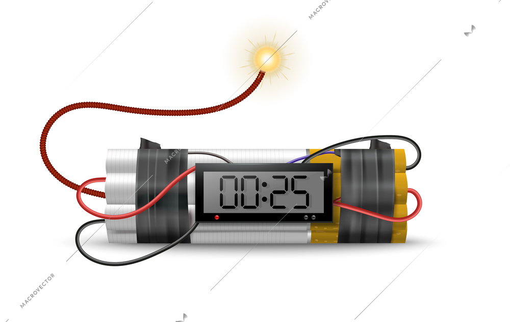 Dynamite bomb realistic composition with isolated view of self made bomb with digital clock countdown timer vector illustration