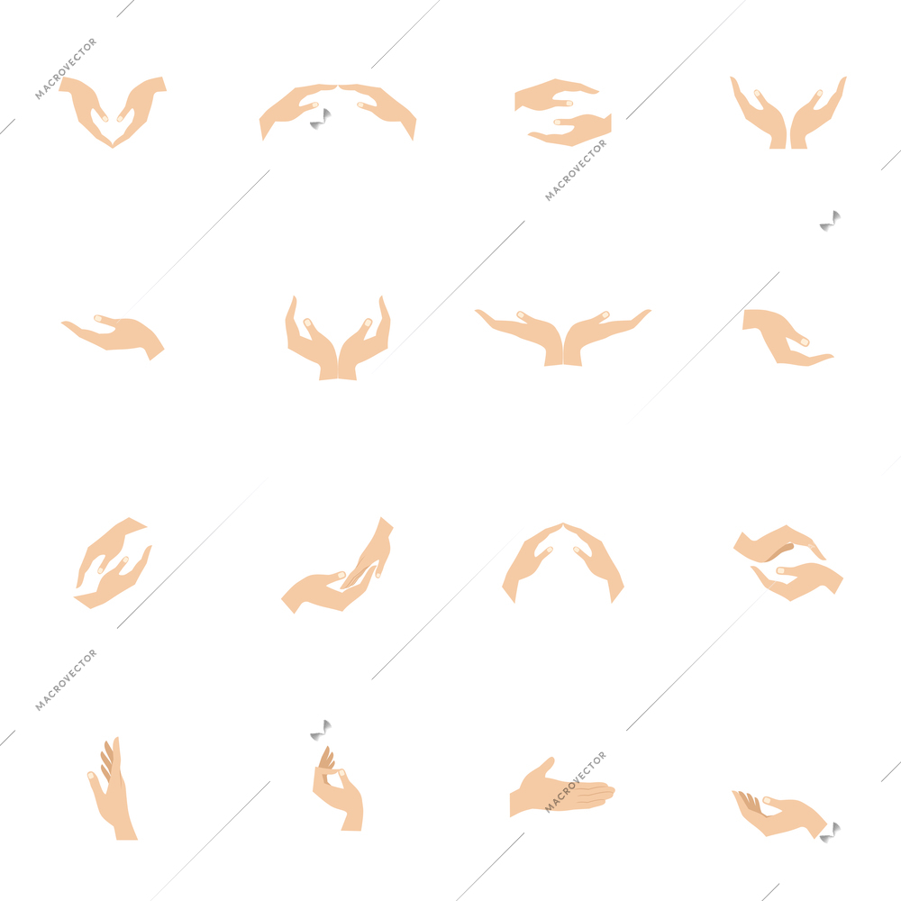 Human hand hold and protect gestures flat icons set isolated vector illustration