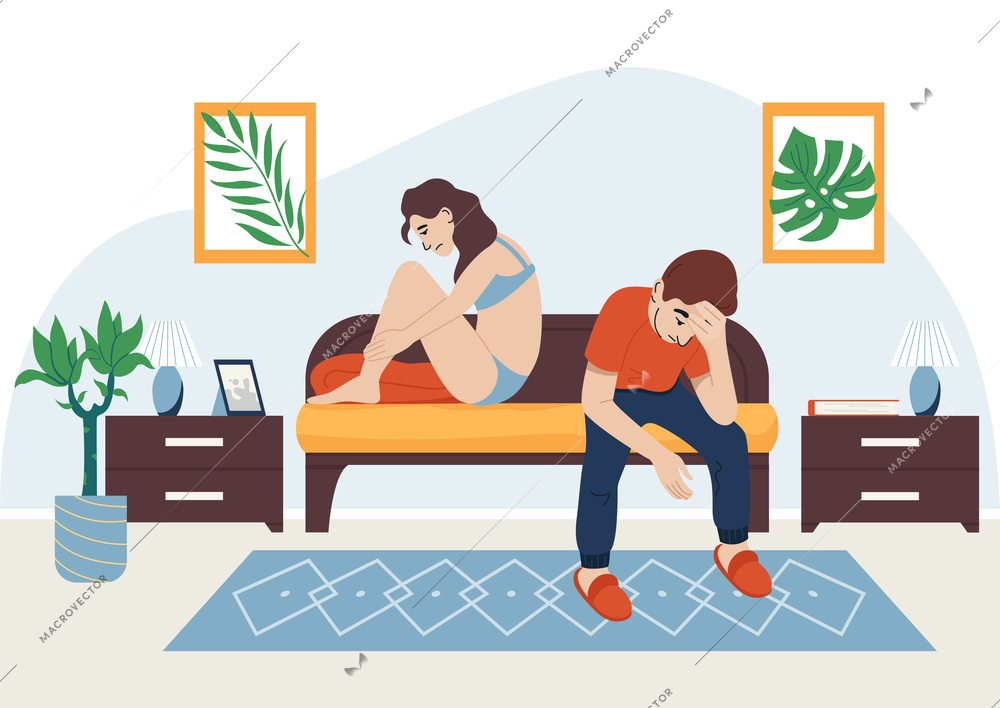 Man urology flat composition with interior view of living room with distracted couple having no sex vector illustration