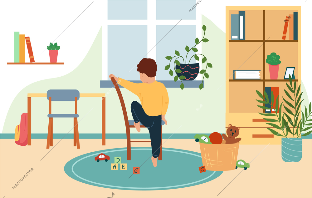 Children safety flat background with little boy without supervision trying to climb on windowsill vector illustration