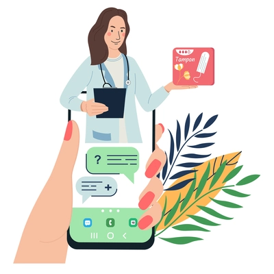 Sex education flat vector illustration with smartphone screen in female hand and doctor giving online consultation on women health theme