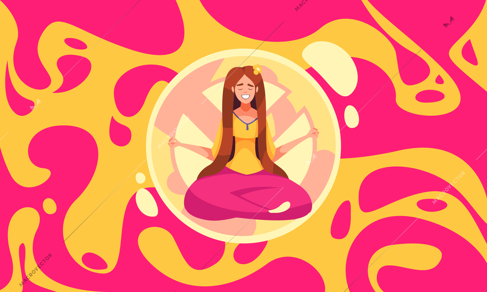 Psychedelic cartoon composition with meditating smiling girl sitting in lotus position over ornate colorful abstract background vector illustration