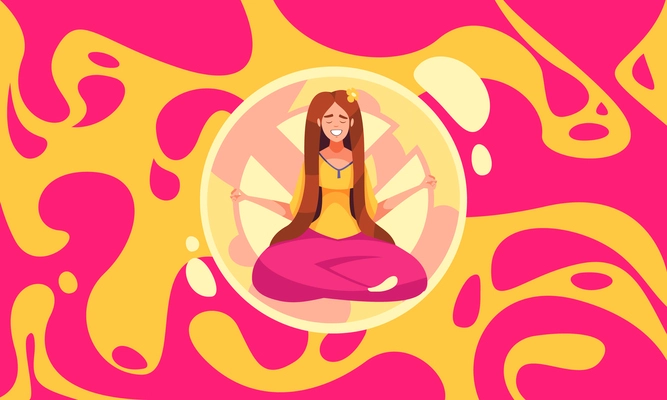 Psychedelic cartoon composition with meditating smiling girl sitting in lotus position over ornate colorful abstract background vector illustration