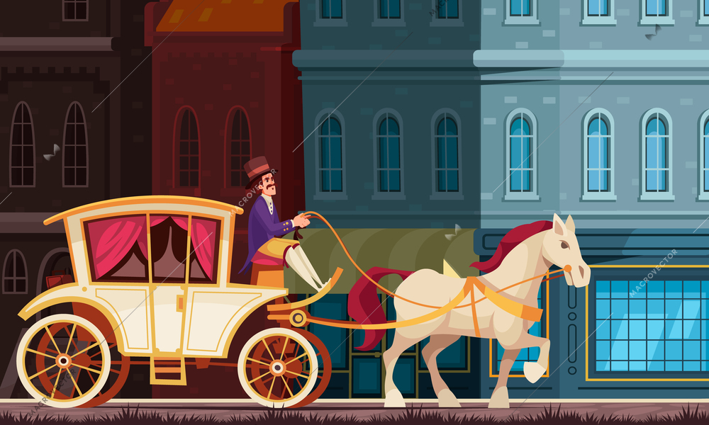 Vintage vehicle cartoon vector illustration with coachman on old victorian chariot driving white horse