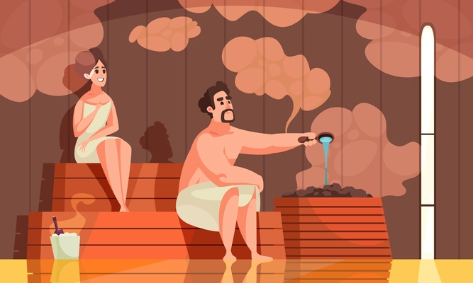 Bathing cartoon background with couple steaming together in steam room flat vector illustration