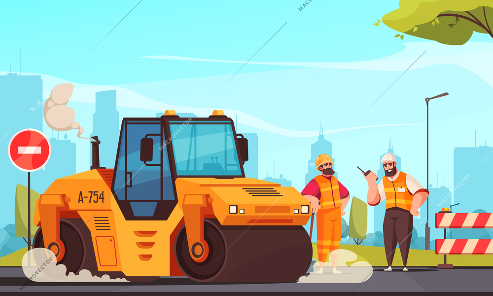 Road repair flat composition with brigade of workers and road roller making paving cartoon vector illustration