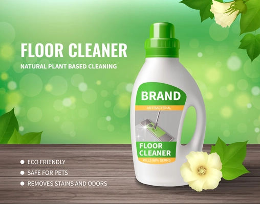 Household cleaning realistic poster with floor cleaner bottle vector illustration